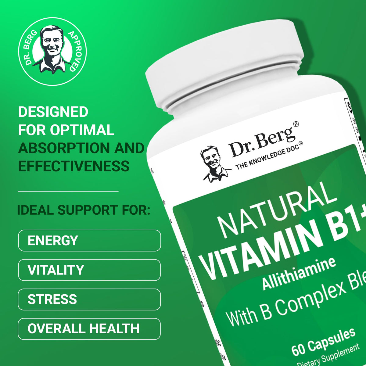 Dr. Berg Natural Vitamin B1 B6 B12 Complex - Allithiamine Vitamin B1 Supplement with 8 Essential Vitamin B Complex for Men & Women Including Thiamin - Maple Wellness Supplements