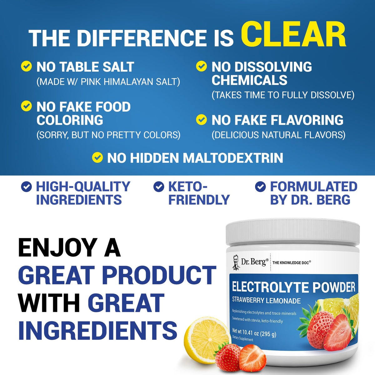 Dr. Berg Zero Sugar Hydration Keto Electrolyte Powder - Enhanced w/ 1000 mg of Potassium & Real Pink Himalayan Salt (NOT Table Salt) - Strawberry Lemonade Hydration Drink Supplement - 50 Servings - Maple Wellness Supplements