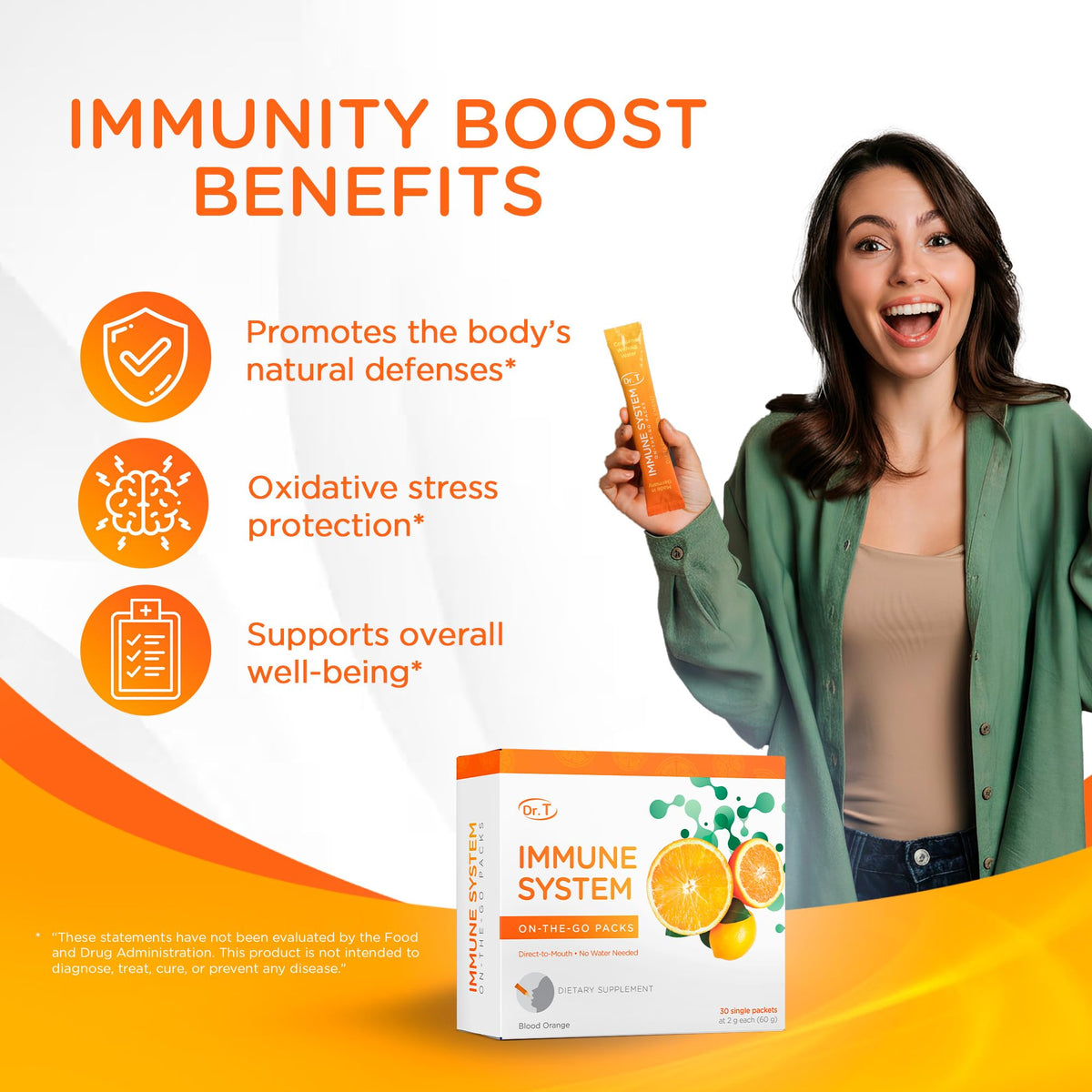 Dr. T On-the-go Packs – Immune System Formula – No Water Needed, Direct-to-Mouth – with Vitamins C, E, Zinc & Selenium – Supports Daily Wellness, Vitality & Overall Health – Orange, 30 Packs - Maple Wellness Supplements
