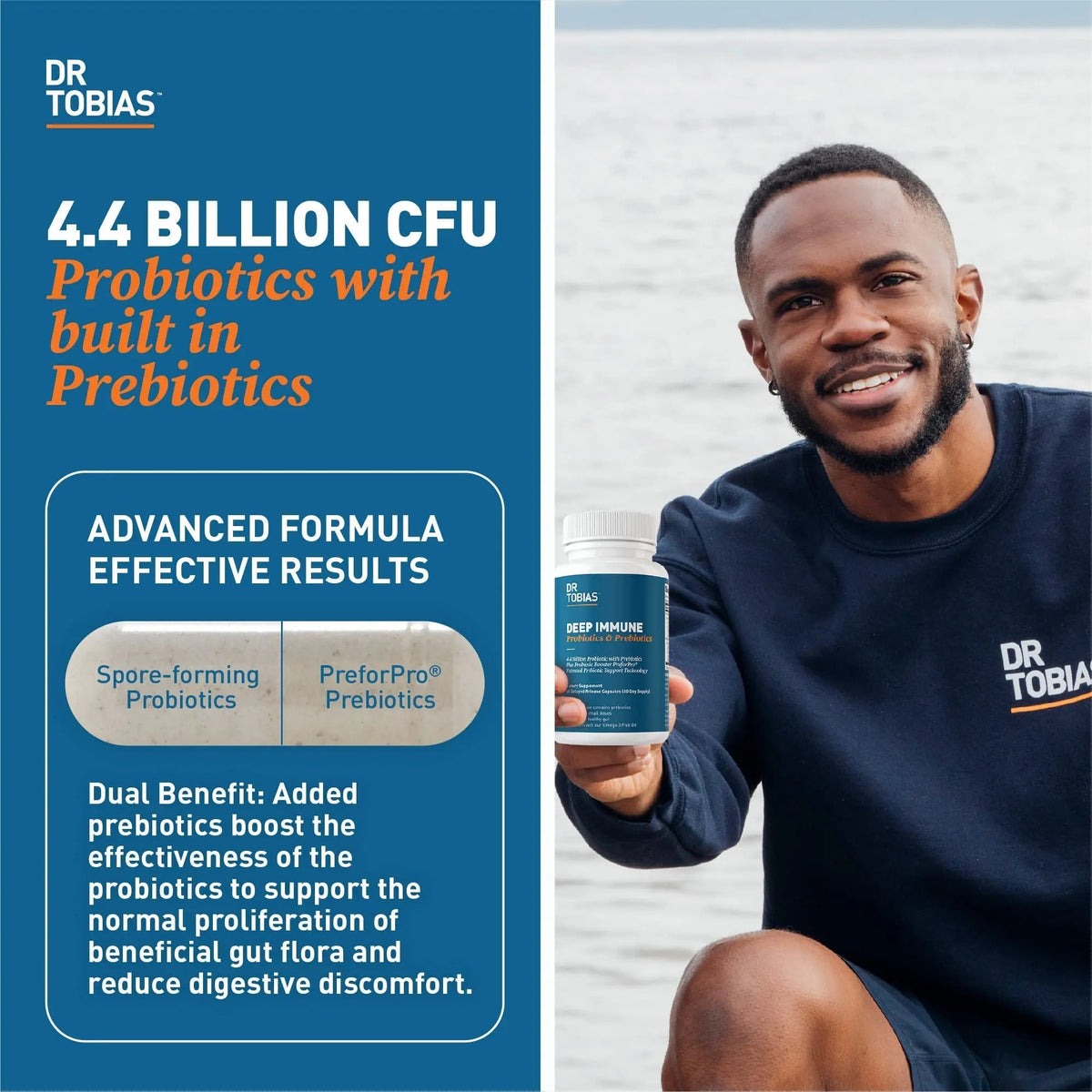 Dr. Tobias Deep Immune Probiotics & Prebiotics - Dual Action Digestion & Immune Support with PreforPro Prebiotics & Spore Forming Probiotics for Women & Men - 120 Capsules (60 Servings) - Maple Wellness Supplements