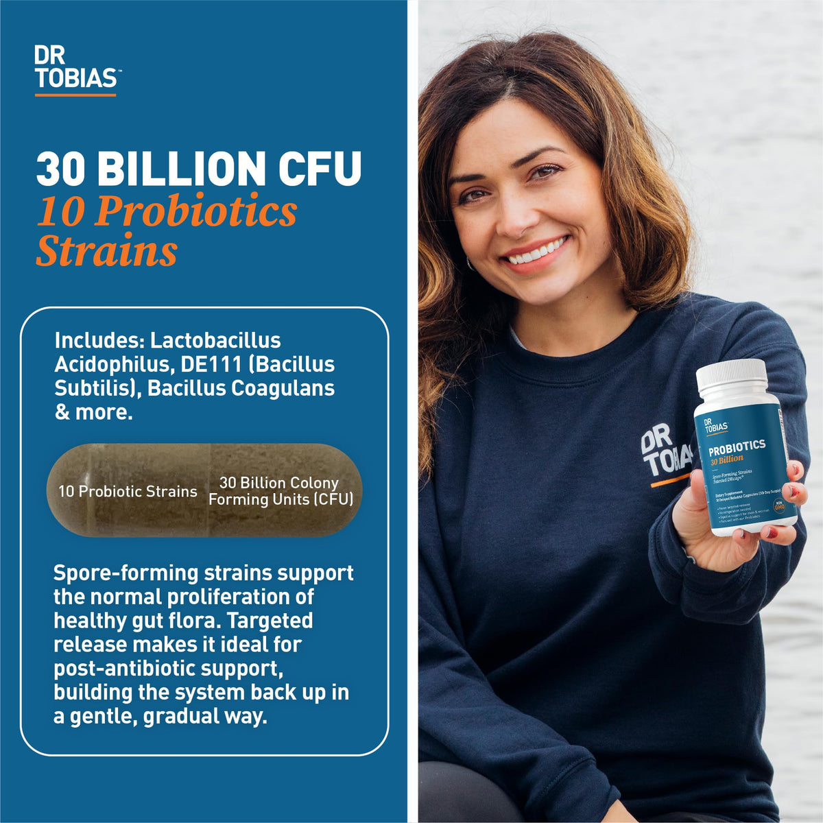 Dr. Tobias Probiotics 30 Billion, 10 Strains, 30 Billion CFU's, Targeted Release Probiotics for Women & Men, Supports Digestive Health, Shelf-Stable, - Maple Wellness Supplements