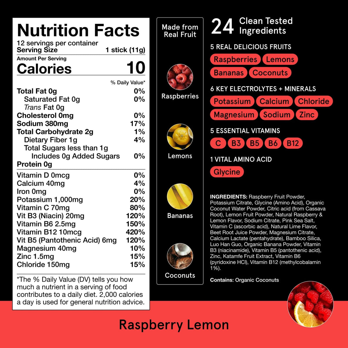 DryWater Electrolyte Powder Packets, Raspberry Lemon - Stevia-Free Hydration Packets Drink Mix with Zero Added Sugar for Rehydration & Energy - 6 Key Electrolytes - Maple Wellness Supplements