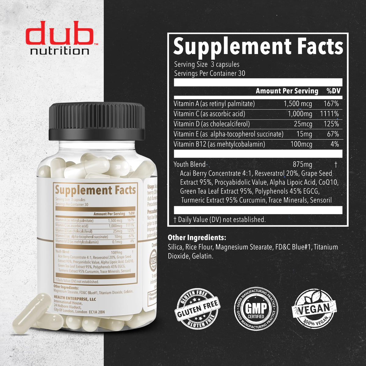 Dub Nutrition Youth - Formula with Acai, Resveratrol, Curcumin, Vitamins A, C, D, E, B12, and CoQ10 - Supports Immunity and Mobility - 90 Capsules - Maple Wellness Supplements