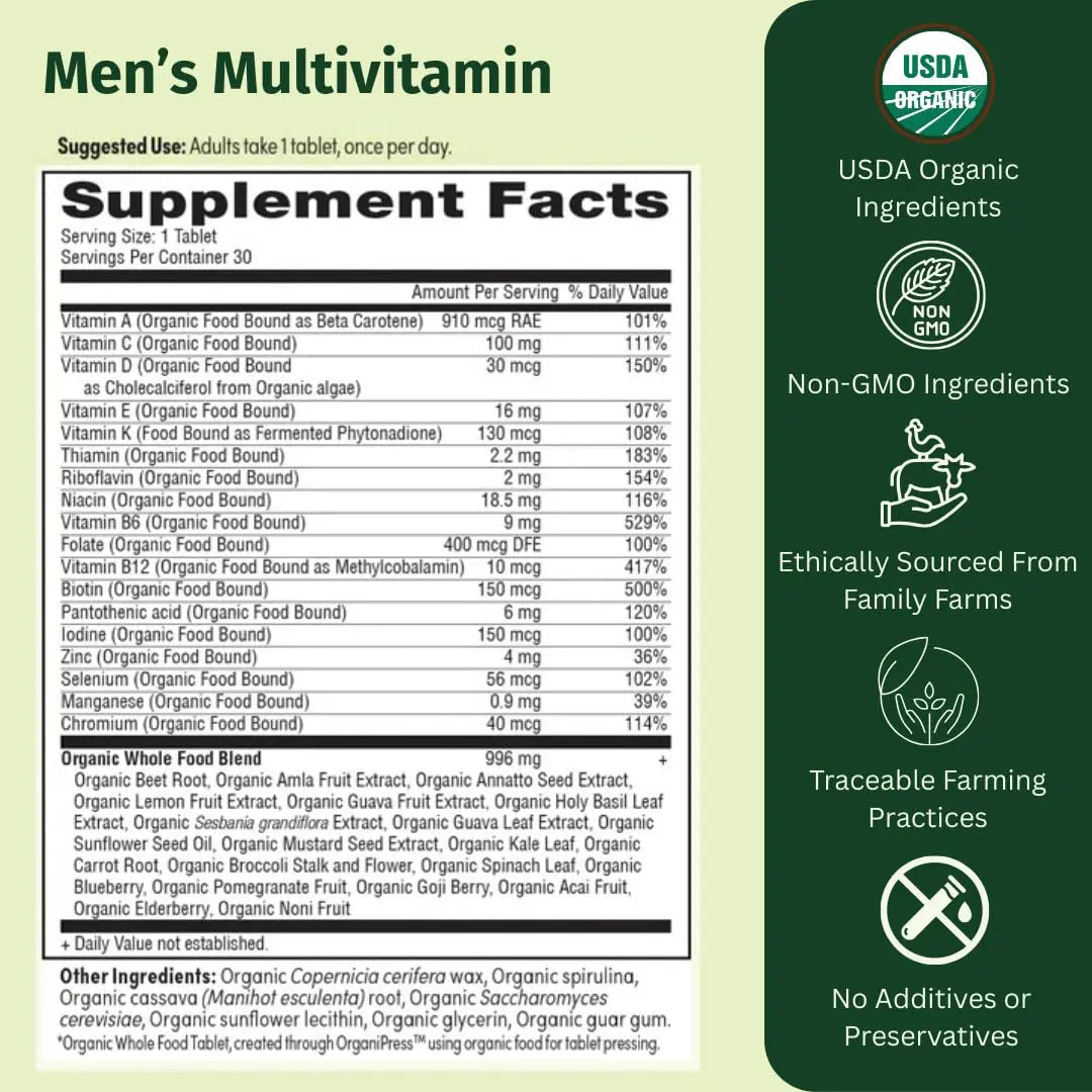 EarthFirst Organic Men’s Multi Once Daily, Whole-Food Multivitamin with 19 Vitamins & Minerals for Energy, Heart, Bone Strength - Maple Wellness Supplements