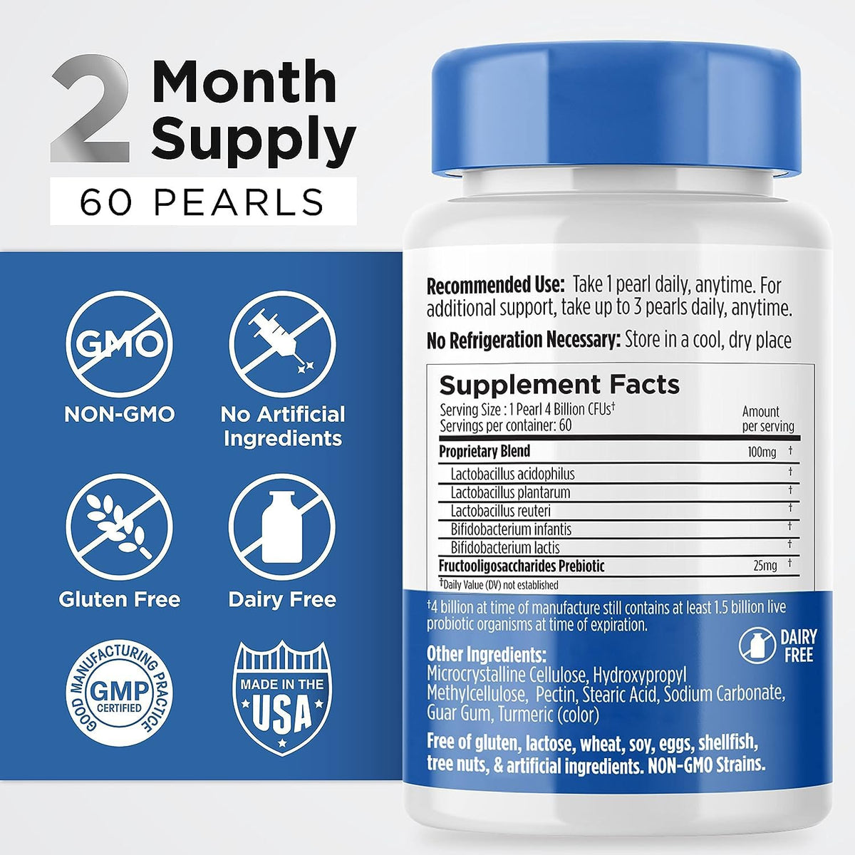 Earth's Pearl Probiotics for Women & Men & Kids - Pearl-Shaped Probiotic & Prebiotics with BIO-Tract®, 4 Billion CFU, Gut Health Support (60-Day Supply) - Maple Wellness Supplements