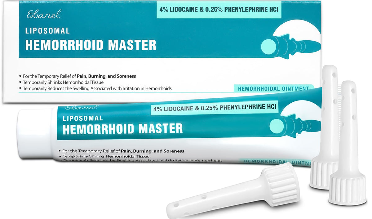 Ebanel 4% Lidocaine Hemorrhoid Treatment Ointment with Phenylephrine, Witch Hazel, Vitamin B6, Zinc Oxide, Frankincense, External and Internal Hemorrhoids Treatment Burn Itch Pain Relief Anal Cream - Maple Wellness Supplements