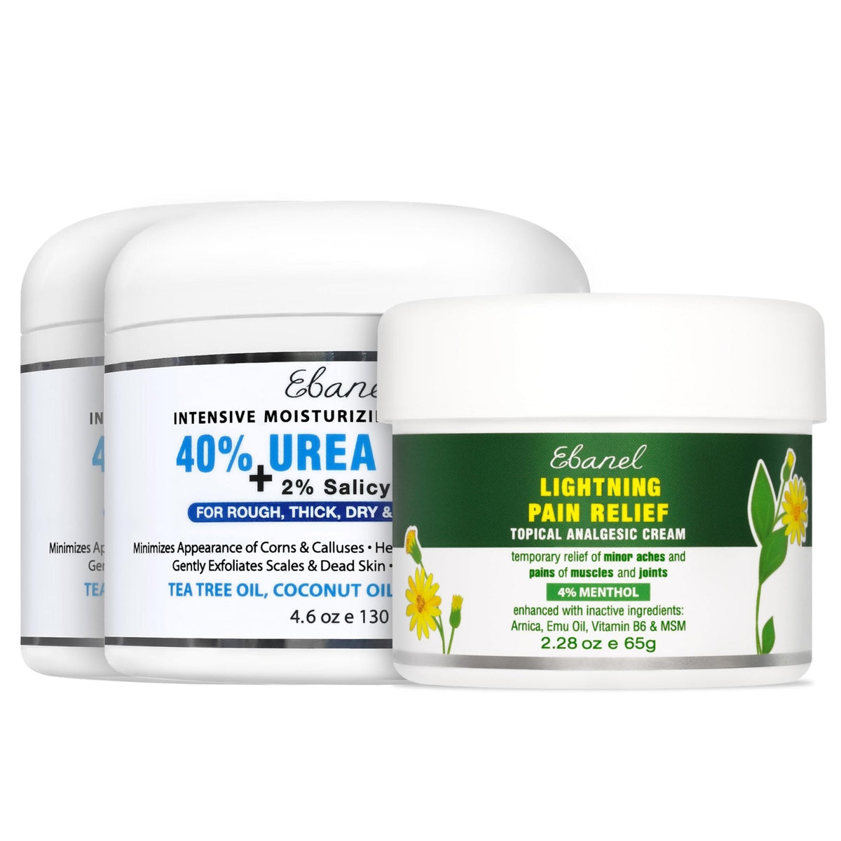 Ebanel Bundle of 2 Pack 40% Urea Cream 4.6 Oz, and Pain Relief Cream Arnica Menthol 2.28 Oz - Maple Wellness Supplements