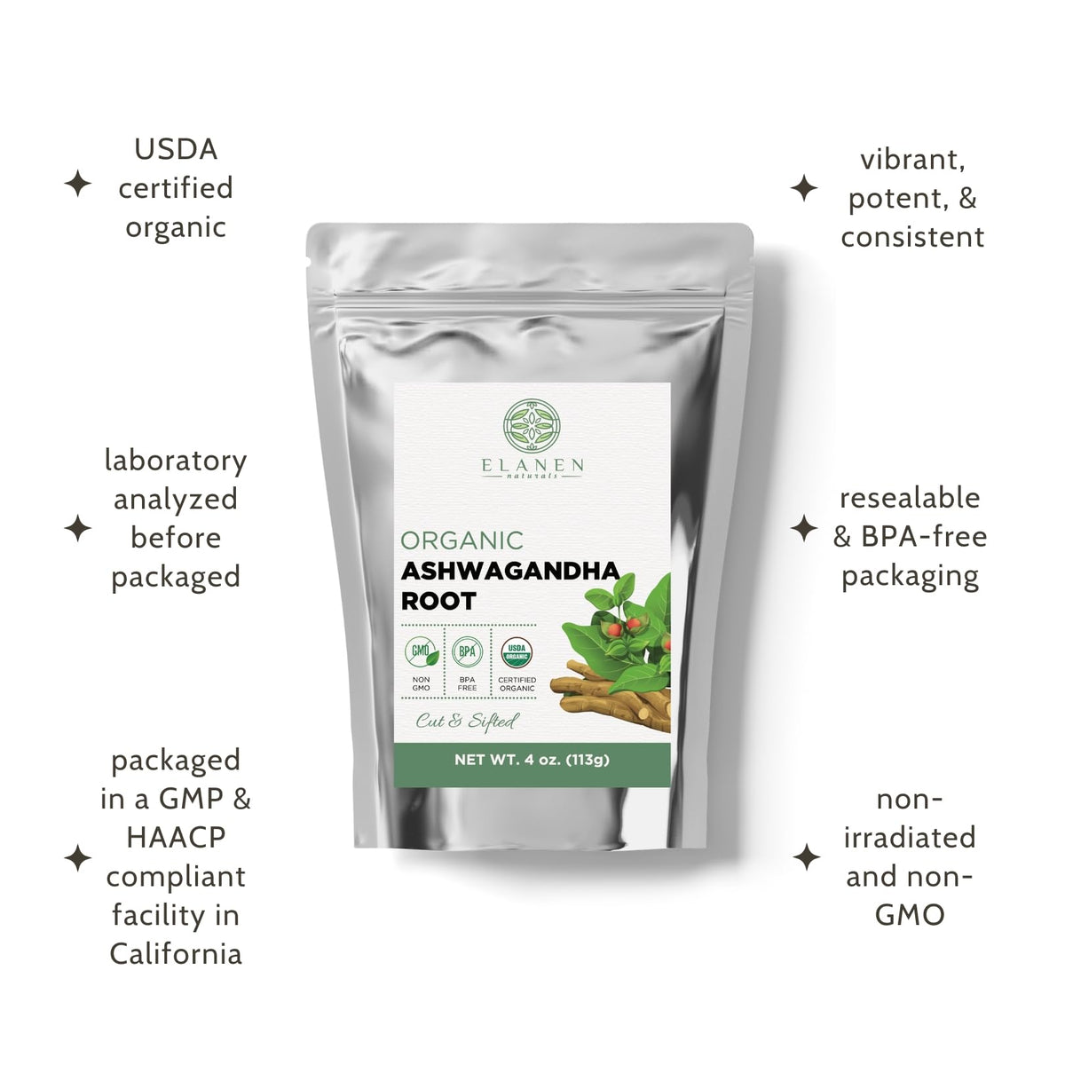 Elanen Naturals Organic Ashwagandha Root 4 oz. (113g), USDA Certified Organic Ashwagandha Root Loose Leaf Tea, Dried Withania somnifera, Cut & Sifted - Maple Wellness Supplements