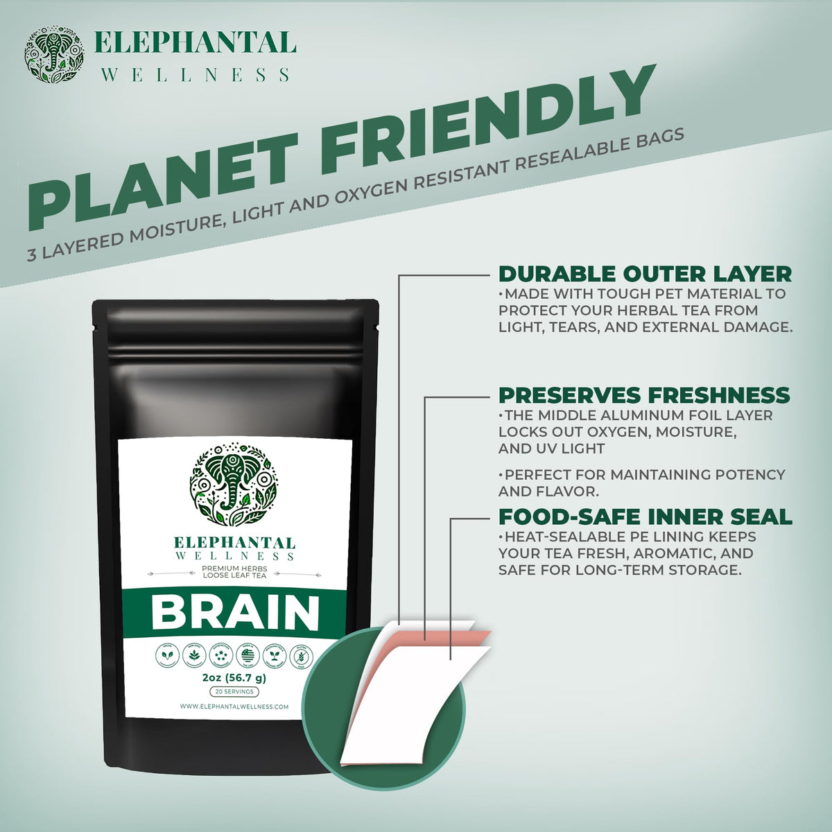 Elephantal Wellness Premium Brain Herbal Tea | Nootropic Focus & Mental Clarity with Ginkgo, Bacopa, Gotu Kola & Rosemary | Non-GMO, Caffeine-Free Coffee Alternative, Handmade Loose Leaf Blend, 2oz Loose Leaf, 20 Servings - Maple Wellness Supplements