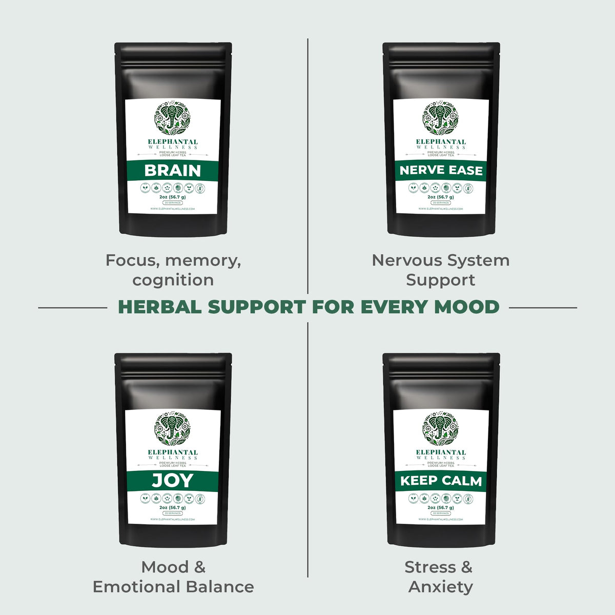 Elephantal Wellness Premium Brain Herbal Tea | Nootropic Focus & Mental Clarity with Ginkgo, Bacopa, Gotu Kola & Rosemary | Non-GMO, Caffeine-Free Coffee Alternative, Handmade Loose Leaf Blend, 2oz Loose Leaf, 20 Servings - Maple Wellness Supplements