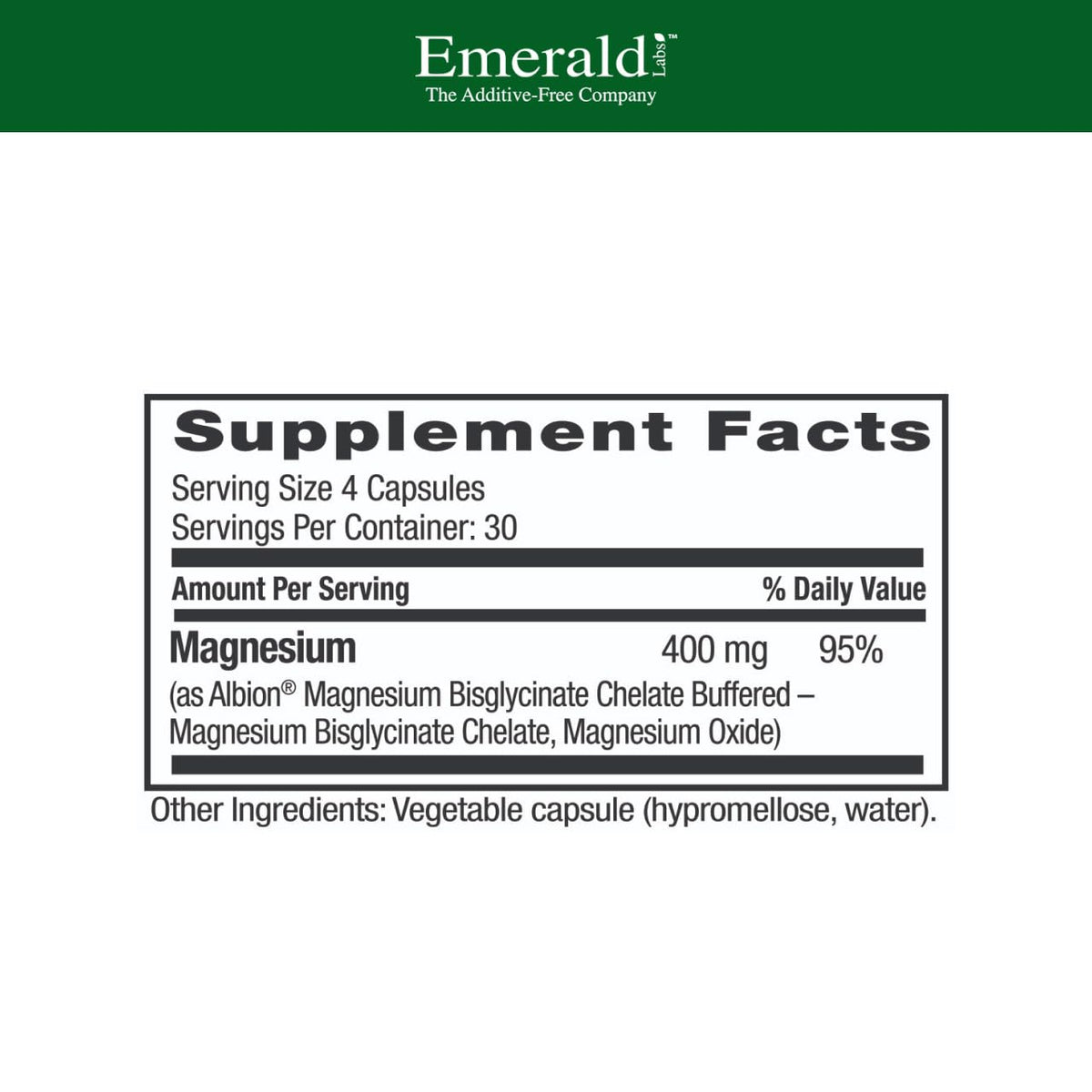 Emerald Labs Magnesium 400mg - Bone & Sleep Support with Albion Magnesium* - Vegan Friendly - 120 Vegetable Capsules (30-Day Supply) - Maple Wellness Supplements