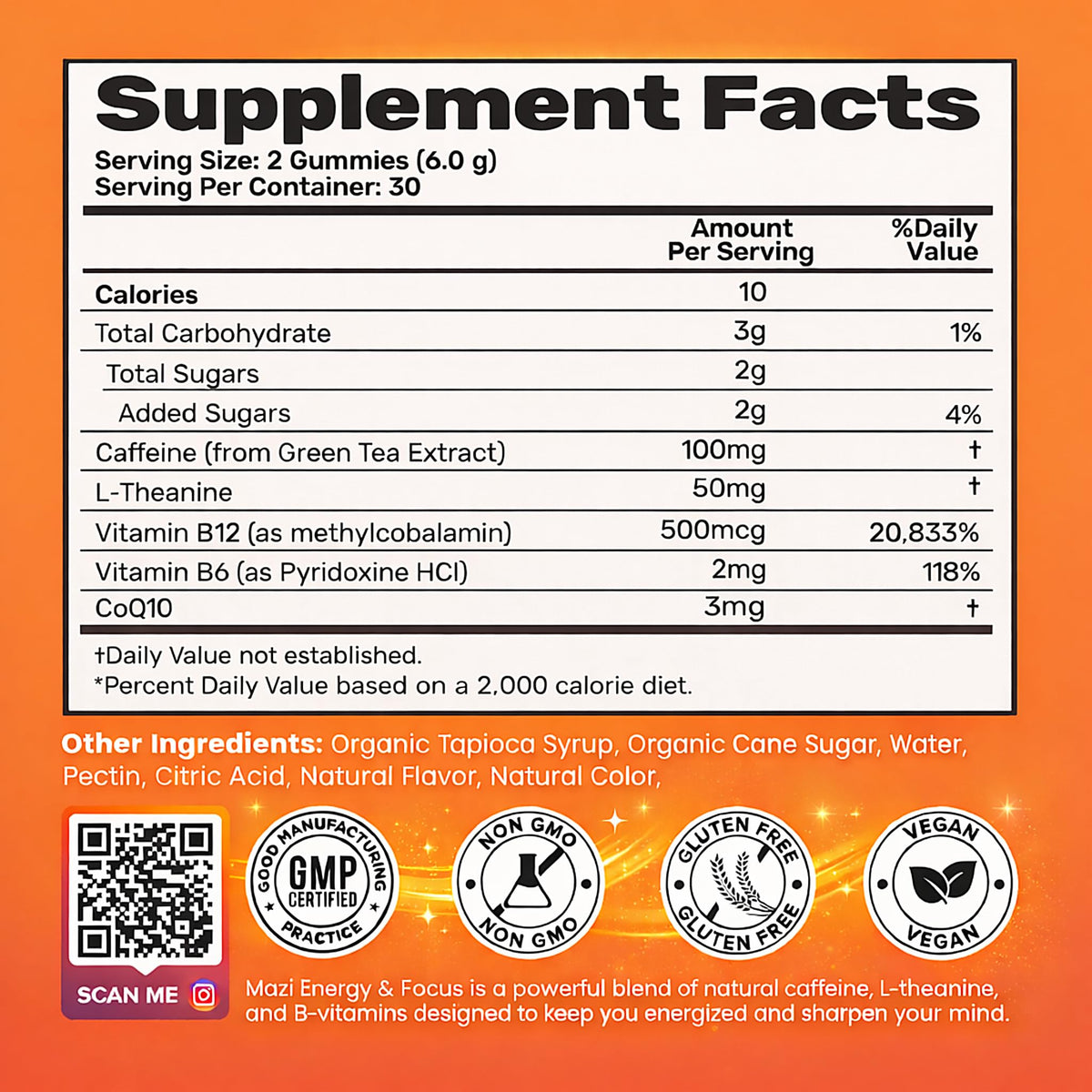 Energy & Focus Gummies | 100mg Natural Caffeine + L-Theanine + Vitamin B6 & B12 + CoQ10 | Nootropic Cognitive Brain Performance Supplement | No Crash or Jitters - Maple Wellness Supplements
