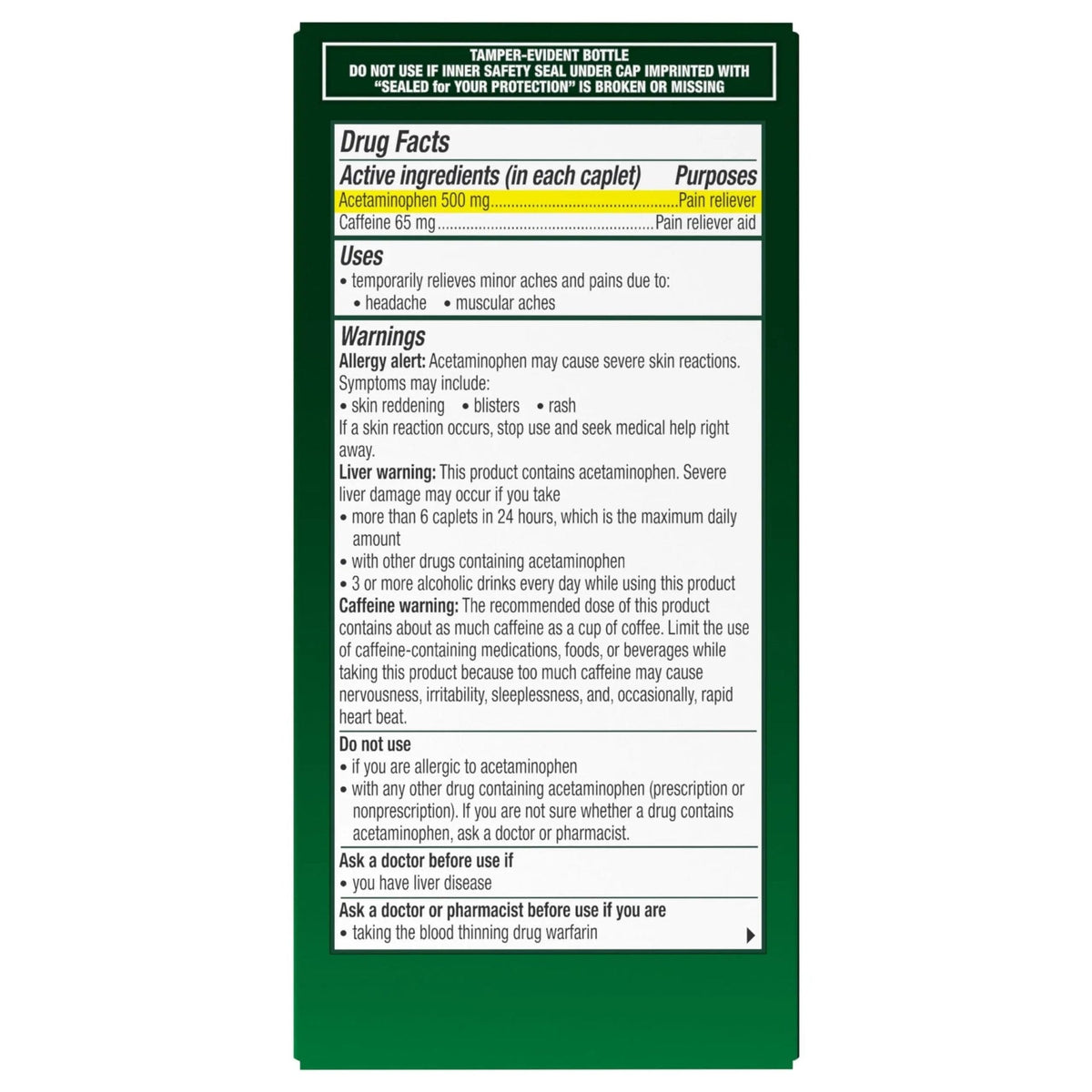 Excedrin Tension Headache Relief Caplets, Acetaminophen 500mg, Caffeine 65mg, Pain Reliever, Aspirin-Free, 100 Count - Maple Wellness Supplements
