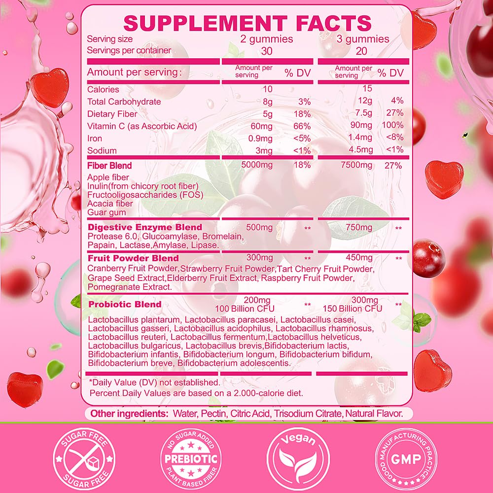 Fiber Gummies 7500mg, Probiotics & Digestive Enzymes, Sugar-Free, Vegan & Gluten-Free Supplement for Gut Health, Bloating Support & Regularity) - Maple Wellness Supplements