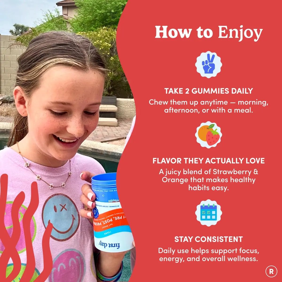 FIRST DAY Teens’ Gut Sustainer Tribiotic Gummies – 3-in-1 Prebiotic, Probiotic & Postbiotic Supplement – Supports Digestive, Skin, Oral & Immune Health, Nutrient Absorption & Growth – 60-Day Supply - Maple Wellness Supplements