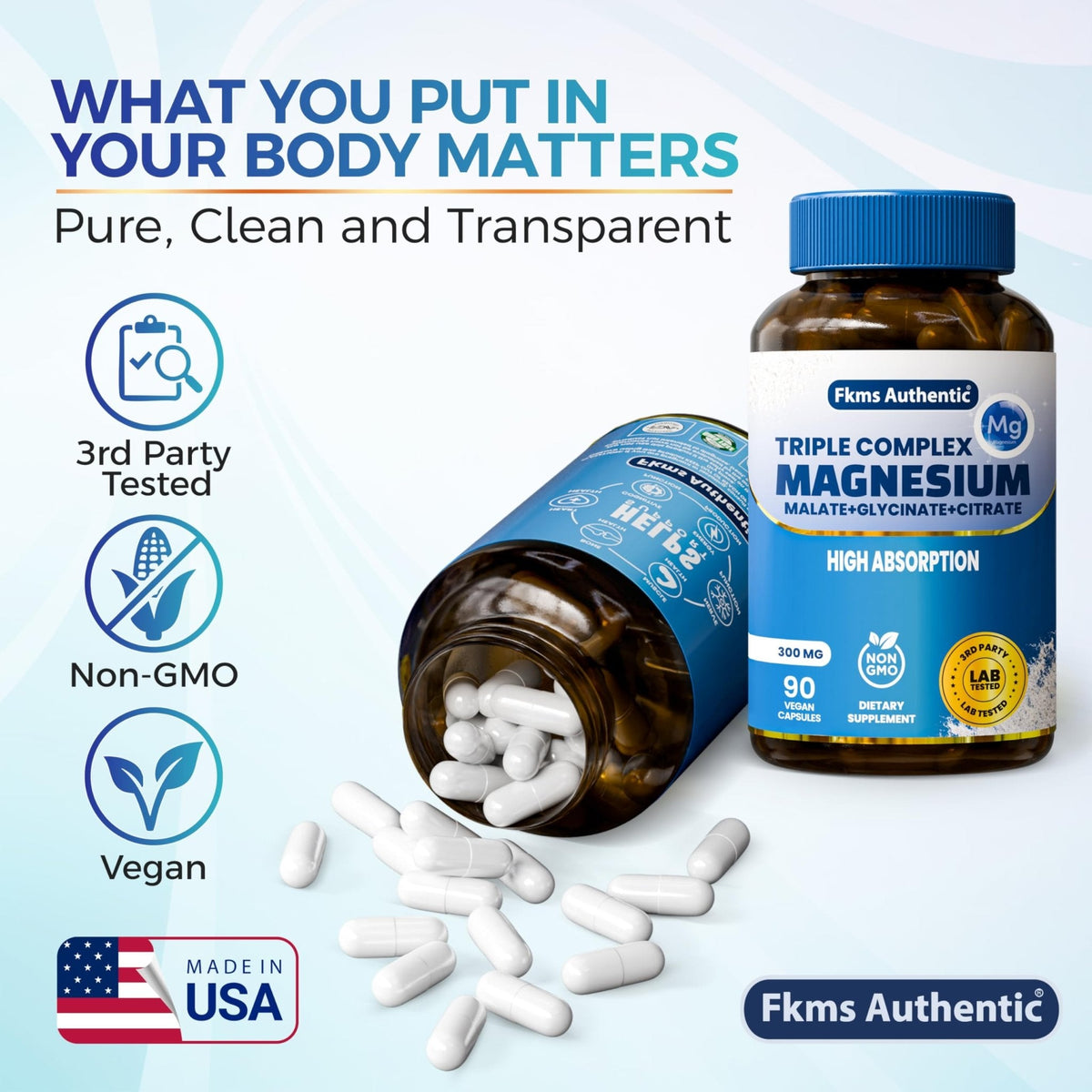 FKMS Authentic Triple Magnesium Complex | 300mg Magnesium Glycinate, Malate & Citrate for Sleep, Stress & Muscle Support | Non-GMO, Vegan, Gentle on Stomach | High Absorption | 90 Capsules - Maple Wellness Supplements