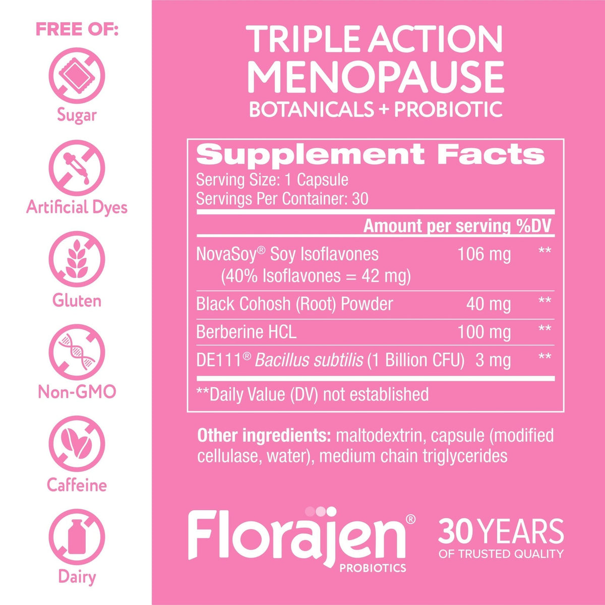 Florajen Triple-Action Menopause Probiotic - Hormonal Balance, Hot Flash, & Mood Swing Relief - Weight Management & Digestive Support - Featuring Berberine, Black Cohosh, & Botanical - 30 Capsules - Maple Wellness Supplements