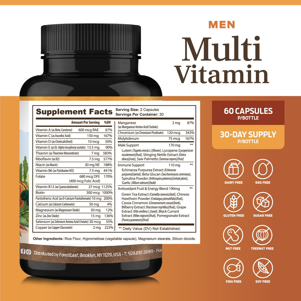 ForestLeaf Daily Vitamin Multivitamin for Men, Multi-Vitamin for Men - Mens Multivitamins & Multiminerals Supplement | All Essential Vitamins Needed for Health, Longevity & Energy | 60 Veg Caps - Maple Wellness Supplements