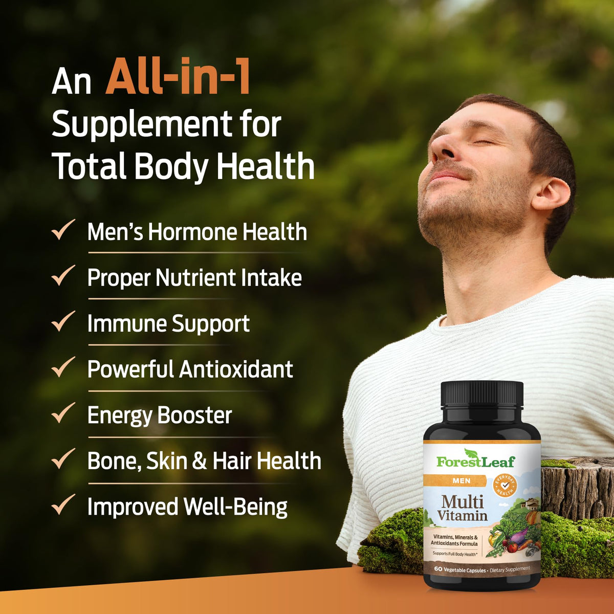 ForestLeaf Daily Vitamin Multivitamin for Men, Multi-Vitamin for Men - Mens Multivitamins & Multiminerals Supplement | All Essential Vitamins Needed for Health, Longevity & Energy | 60 Veg Caps - Maple Wellness Supplements