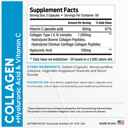 ForestLeaf Multi Collagen Pills with Hyaluronic Acid + Vitamin C | Hydrolyzed Collagen Supplements for Women or Men | Multi Collagen Capsules Peptides for Skin, Wrinkles, 120 Caps - Maple Wellness Supplements