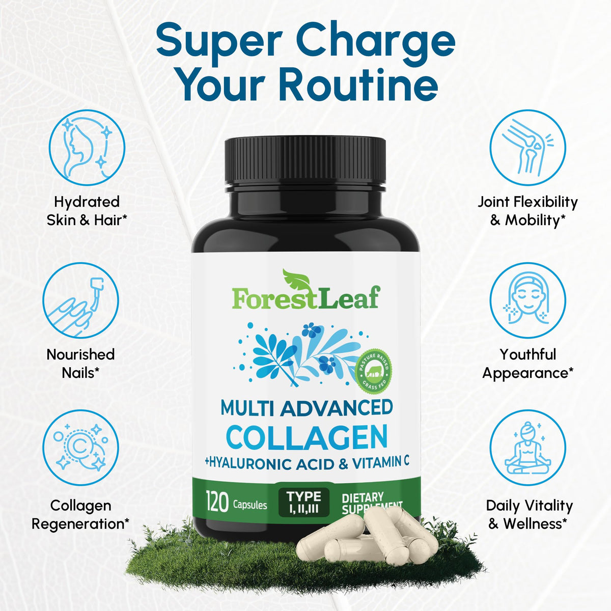 ForestLeaf Multi Collagen Pills with Hyaluronic Acid + Vitamin C | Hydrolyzed Collagen Supplements for Women or Men | Multi Collagen Capsules Peptides for Skin, Wrinkles, 120 Caps - Maple Wellness Supplements