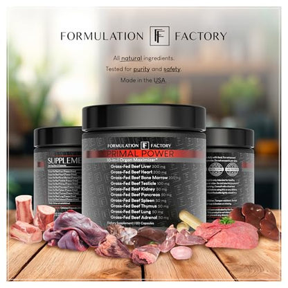 Formulation Factory Primal Power 10-in-1 Grass-Fed Organ Supplement with Beef Liver, Heart, Marrow, Testicle, Kidney, Supports Vitality, Hormones, Energy, Immunity (4 Month Supply, 240 Capsules) - Maple Wellness Supplements
