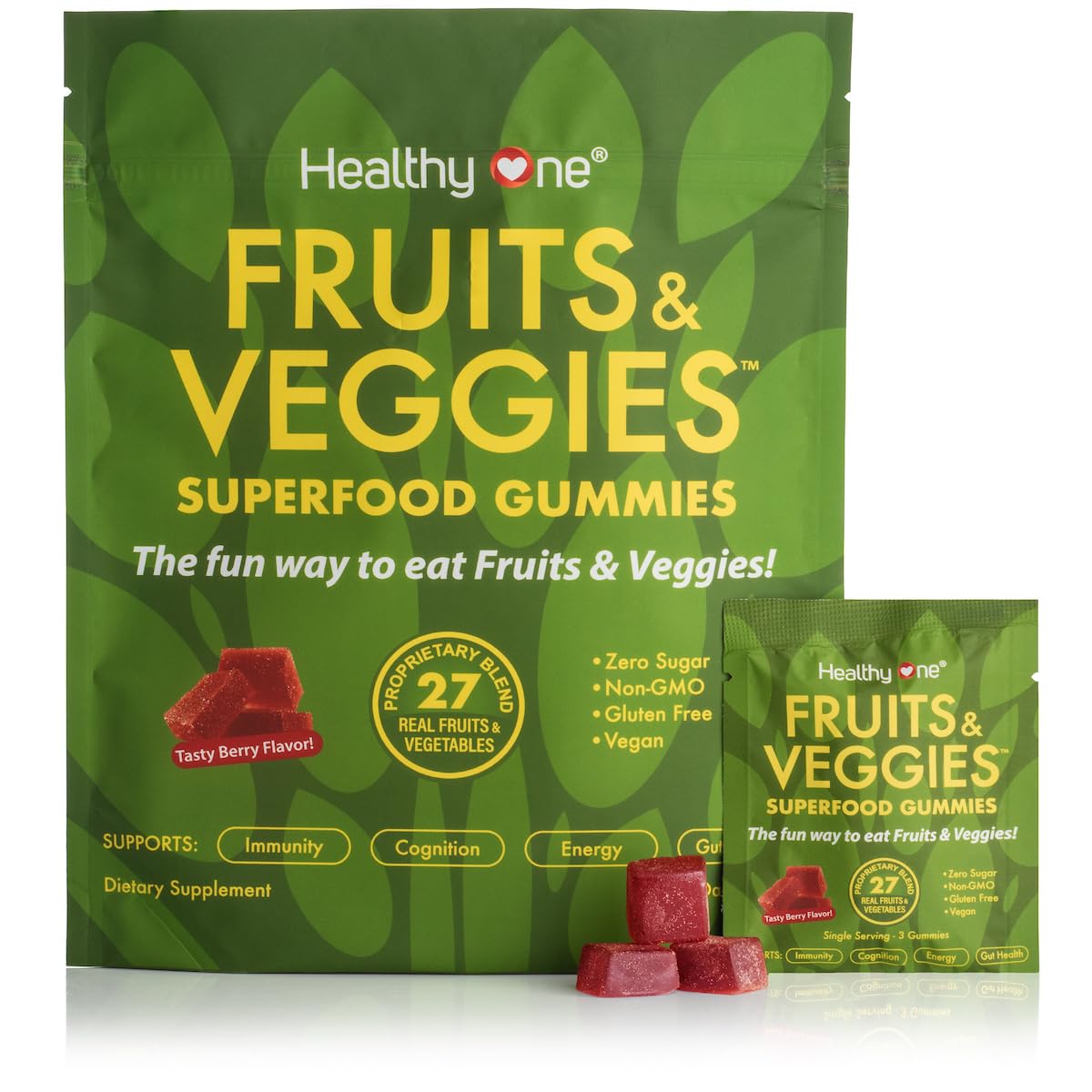Fruits & Veggies Sugar-Free Gummies - 27 Whole Foods - Equals 3 Servings of Fruits & Vegetables - Improve Energy, Focus & Immune Function - Fiber - Antioxidants - Organic Ingredients - 14 Packets - Maple Wellness Supplements