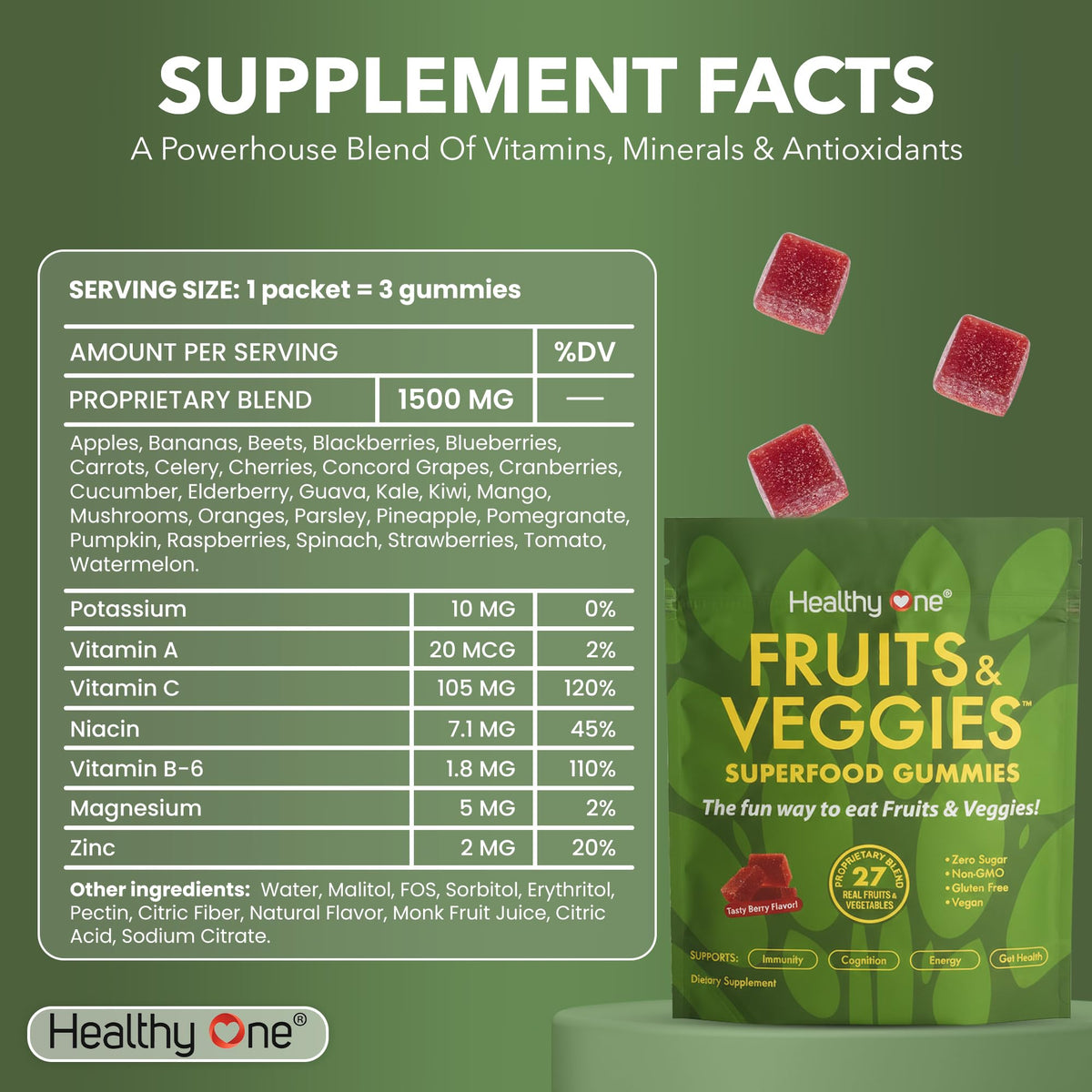 Fruits & Veggies Sugar-Free Gummies - 27 Whole Foods - Equals 3 Servings of Fruits & Vegetables - Improve Energy, Focus & Immune Function - Fiber - Antioxidants - Organic Ingredients - 14 Packets - Maple Wellness Supplements