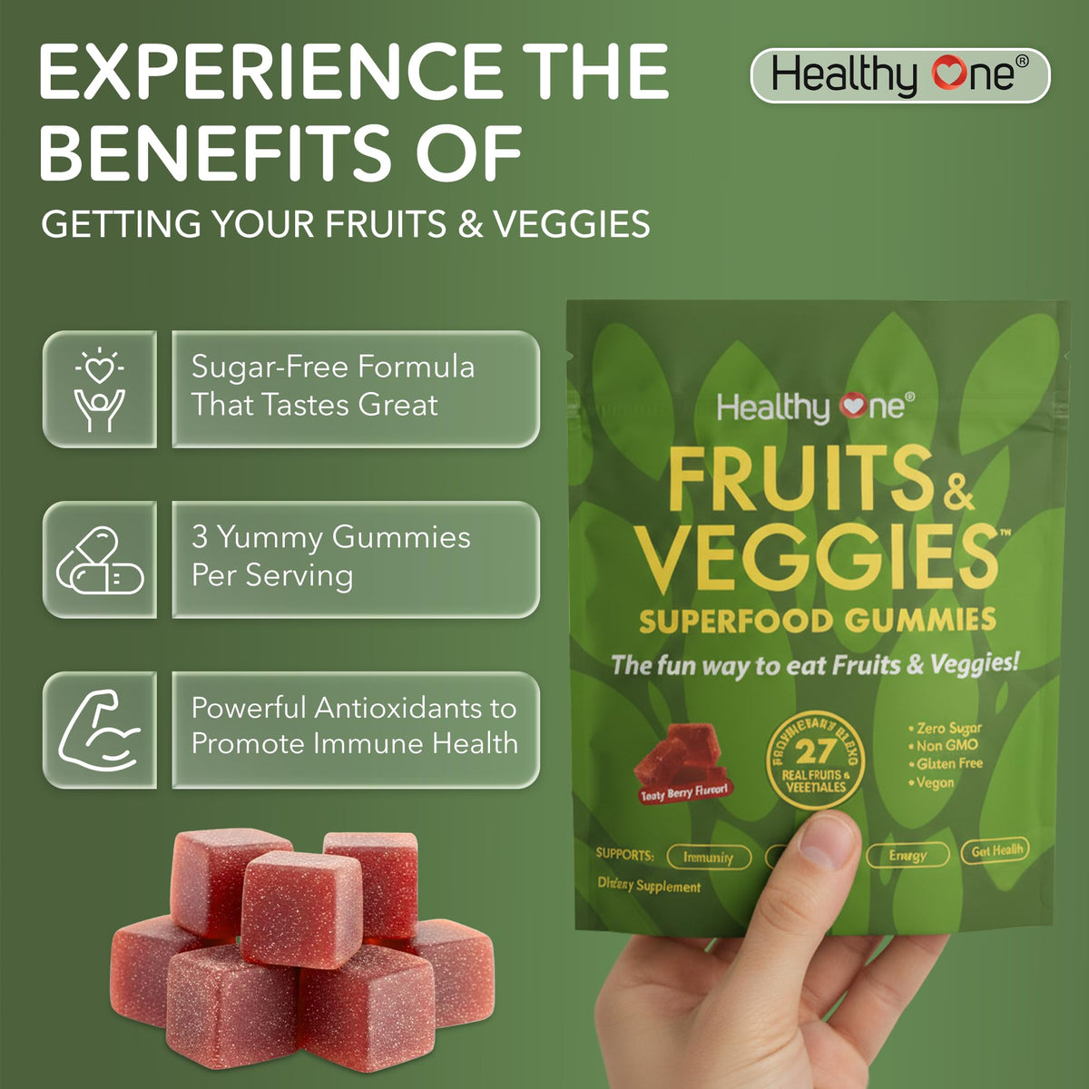 Fruits & Veggies Sugar-Free Gummies - 27 Whole Foods - Equals 3 Servings of Fruits & Vegetables - Improve Energy, Focus & Immune Function - Fiber - Antioxidants - Organic Ingredients - 14 Packets - Maple Wellness Supplements