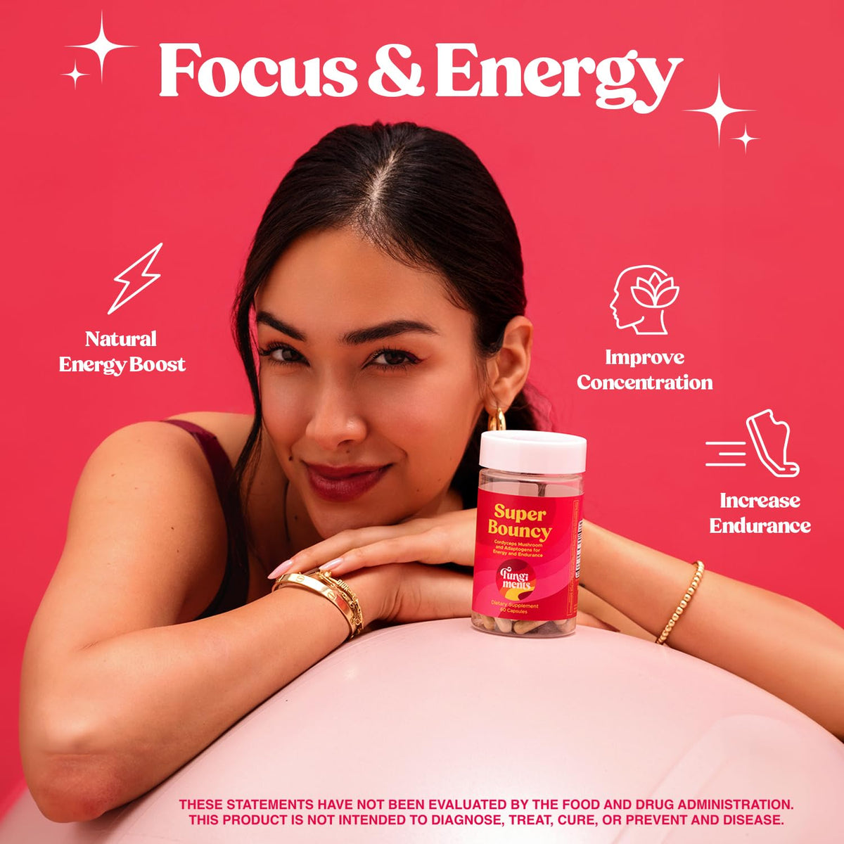 Fungiments Super Bouncy Mushroom Supplement – Cordyceps Focus Capsules for Adults – Natural Brain Boost, Green Tea Energy Vitamins Without jitters, Stamina for Women, Fatigue Support – 60 Count - Maple Wellness Supplements
