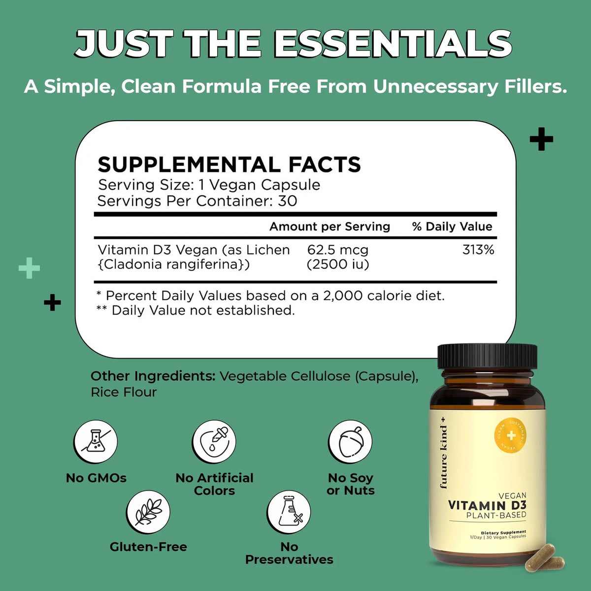 Future Kind Vitamin D3 2500 IU for Bone and Muscle Function, Vitamin D Vegan Supplement from Plant Lichen, Non-GMO, Sugar Free, Pure Vitamin D3, Promotes Natural Resilience, 30 Capsules - Maple Wellness Supplements