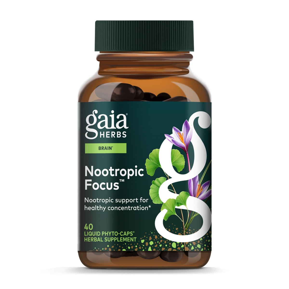 Gaia Herbs Nootropic Focus - Brain & Cognitive Support Supplement to Help Maintain Healthy Concentration* - with Saffron, Lemon Balm & Spearmint - 40 Liquid Phyto-Capsules (20 Servings) - Maple Wellness Supplements