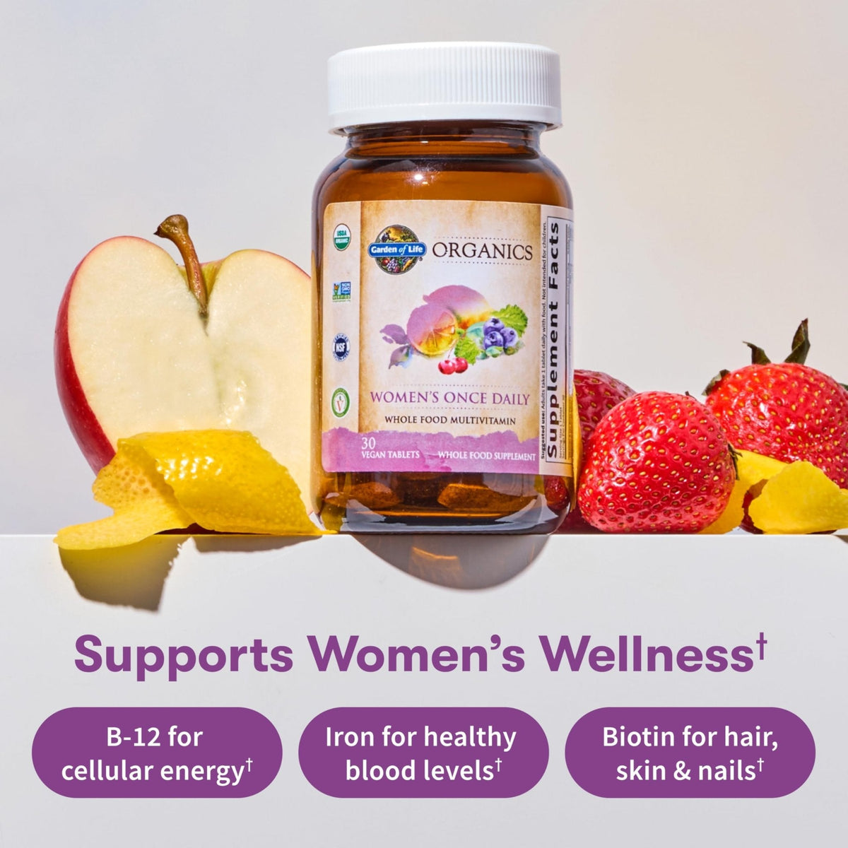 Garden of Life Organics Multivitamin for Women - Women's Once Daily Multi - Whole Food Multi with Iron, Biotin, Vegan Organic Womens Multivitamin for Health, Energy Hair Skin and Nails, 60 Tablets - Maple Wellness Supplements