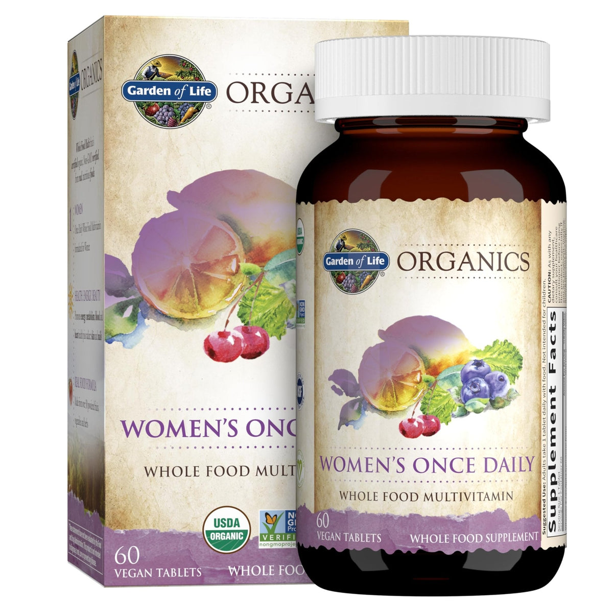 Garden of Life Organics Multivitamin for Women - Women's Once Daily Multi - Whole Food Multi with Iron, Biotin, Vegan Organic Womens Multivitamin for Health, Energy Hair Skin and Nails, 60 Tablets - Maple Wellness Supplements