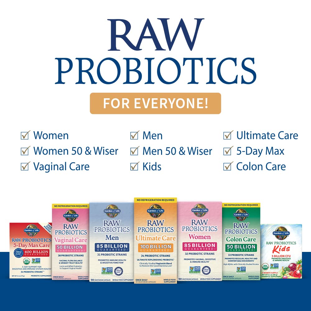 Garden of Life Raw Probiotics for Women and Men with Digestive Enzymes, 100 Billion CFU, Clinically Studied Strains, Shelf Stable, 30 Capsules - Maple Wellness Supplements