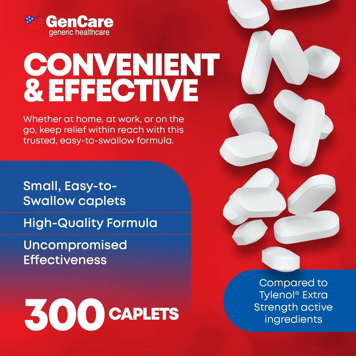 GenCare - Acetaminophen 500mg Extra Strength Pain Relief (300 Caplets) - Multi Symptom Pain Reliever for Headache, Sinus, Arthritis, Back Pain Muscle Ache, Toothache, Fever Reducer, Migraine - Maple Wellness Supplements