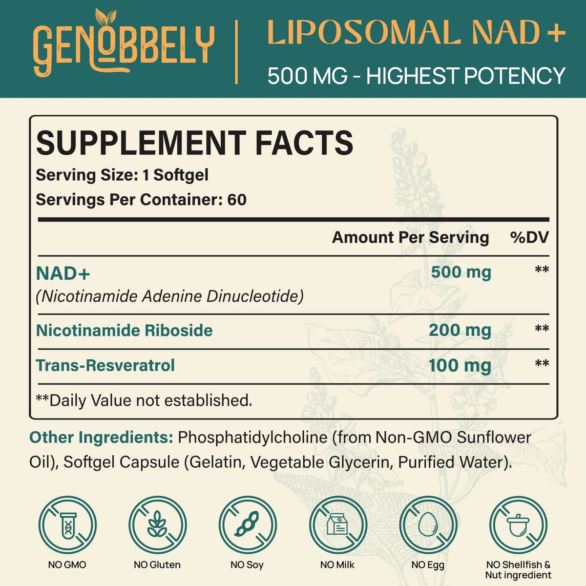GENOBBELY 800 mg Liposomal NAD+ Supplement with Nicotinamide Riboside 200 mg, Trans-Resveratrol 100 mg - True NAD Supplement for DNA Repair, Healthy Aging, Brain Function - 60-Day Supply - Maple Wellness Supplements