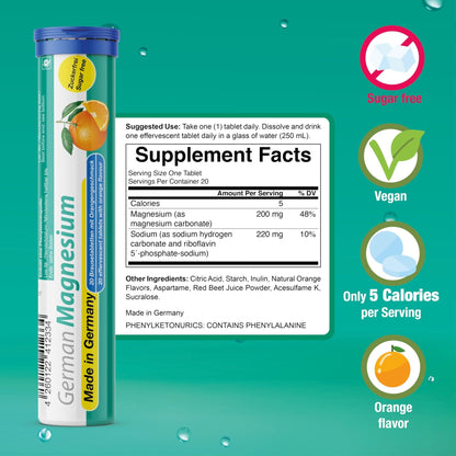 German Magnesium Oxide Supplement | Effervescent Tablets | Orange Flavor – 200 mg Magnesium per Serving | Sugar Free, Vegan – T&D Pharma – Made in Germany - Maple Wellness Supplements