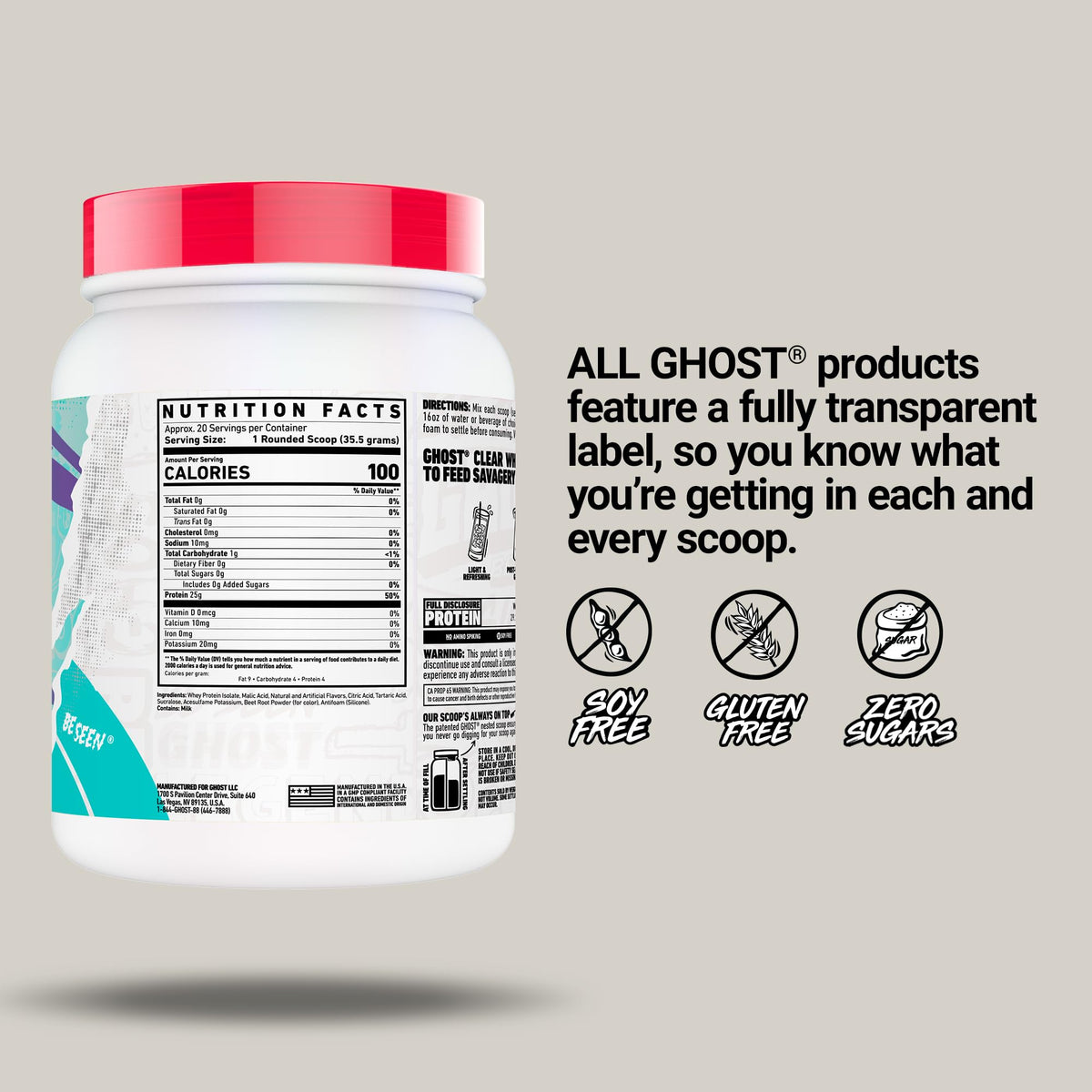 GHOST Clear Whey Isolate Protein Powder, Strawberry Watermelon - 1.57 LB Tub, 25G of Whey Protein - Post Workout Drink for Muscle Gain & Recovery – Sugar Free, Soy Free & Zero Fat, 20 Servings - Maple Wellness Supplements