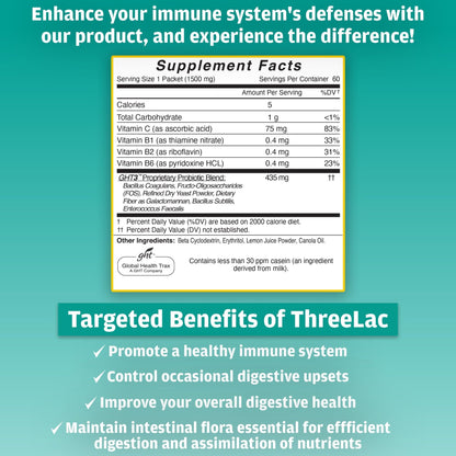 GHT - ThreeLac Lemon Probiotic Drink Mix for Digestive Health - Advanced Probiotic Powder Formula for Men, Women, and Kids - Immune Support & Gut Balance, Non-GMO - 240 Packets - Maple Wellness Supplements