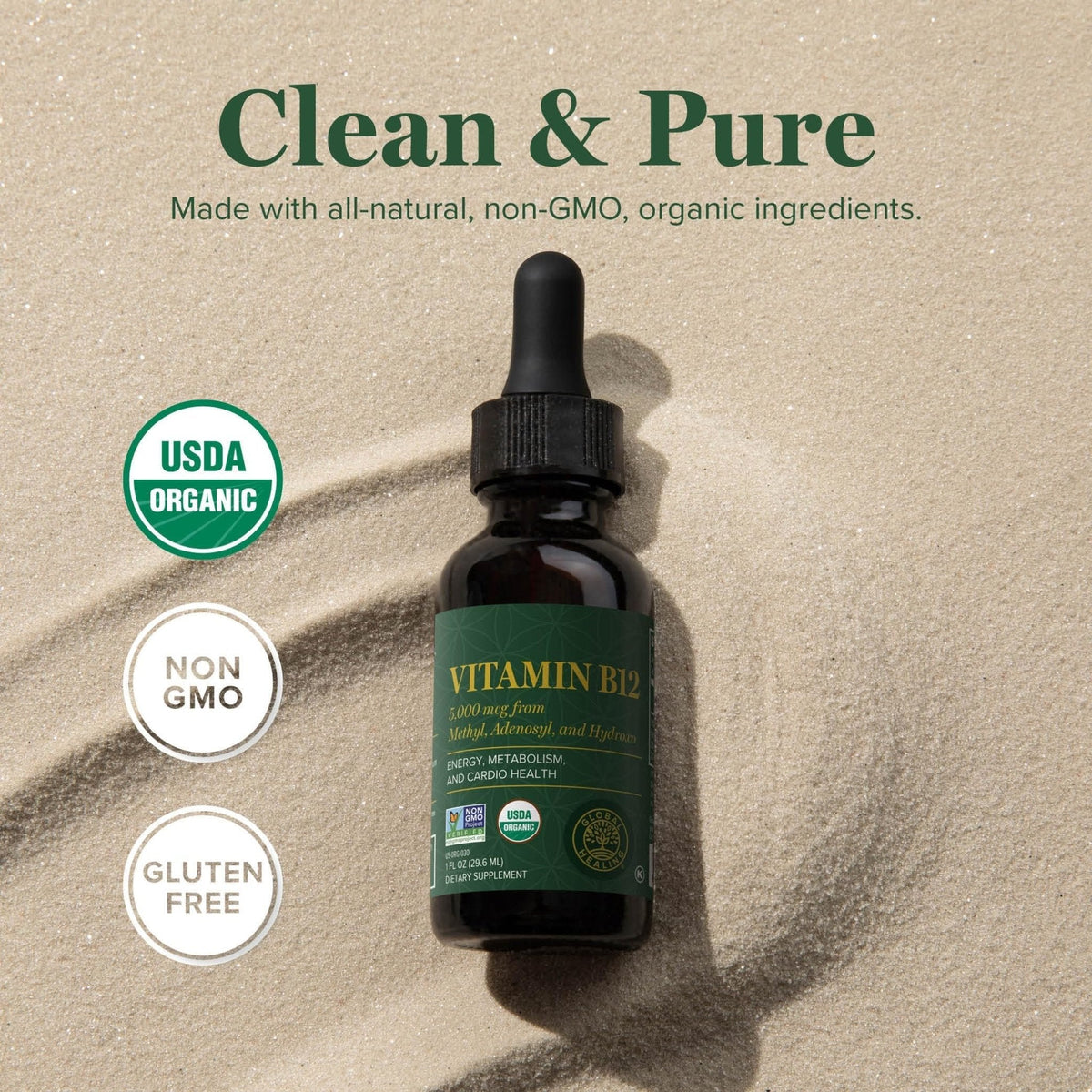 Global Healing Center - Vitamin B12 Sublingual 5000 MCG Organic Liquid Supplement, Methylcobalamin, Adenosylcobalamin, Hydroxo Long-Lasting Energy - Maple Wellness Supplements