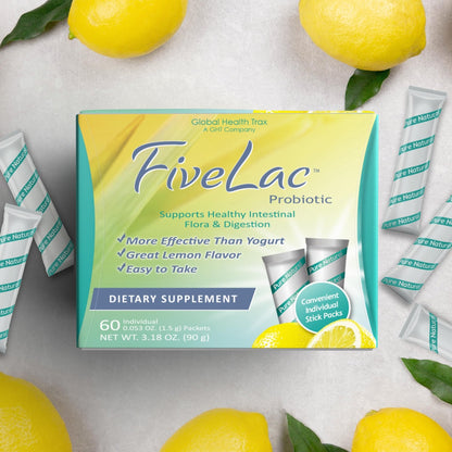 Global Health Trax GHT - FiveLac Lemon Probiotic Powder Drink Mix, Probiotics for Women, Men, Kids - Smooth Digestive Support & Elimination – Relieve Constipation & Gas - 60 Packets, 3.18 Oz, Non-GMO - Maple Wellness Supplements