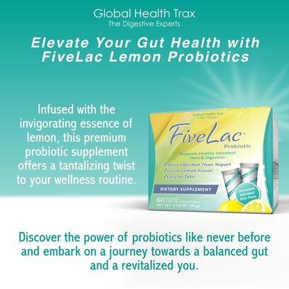 Global Health Trax GHT - FiveLac Lemon Probiotic Powder Drink Mix, Probiotics for Women, Men & Kids - Smooth Digestive Support & Elimination - Relieves Constipation & Gas - 60 Packets (2 Pack) Non-GMO - Maple Wellness Supplements