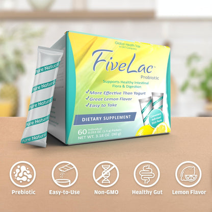 Global Health Trax GHT - FiveLac Lemon Probiotic Powder Drink Mix, Probiotics for Women, Men & Kids - Smooth Digestive Support & Elimination - Relieves Constipation & Gas - 60 Packets (2 Pack) Non-GMO - Maple Wellness Supplements