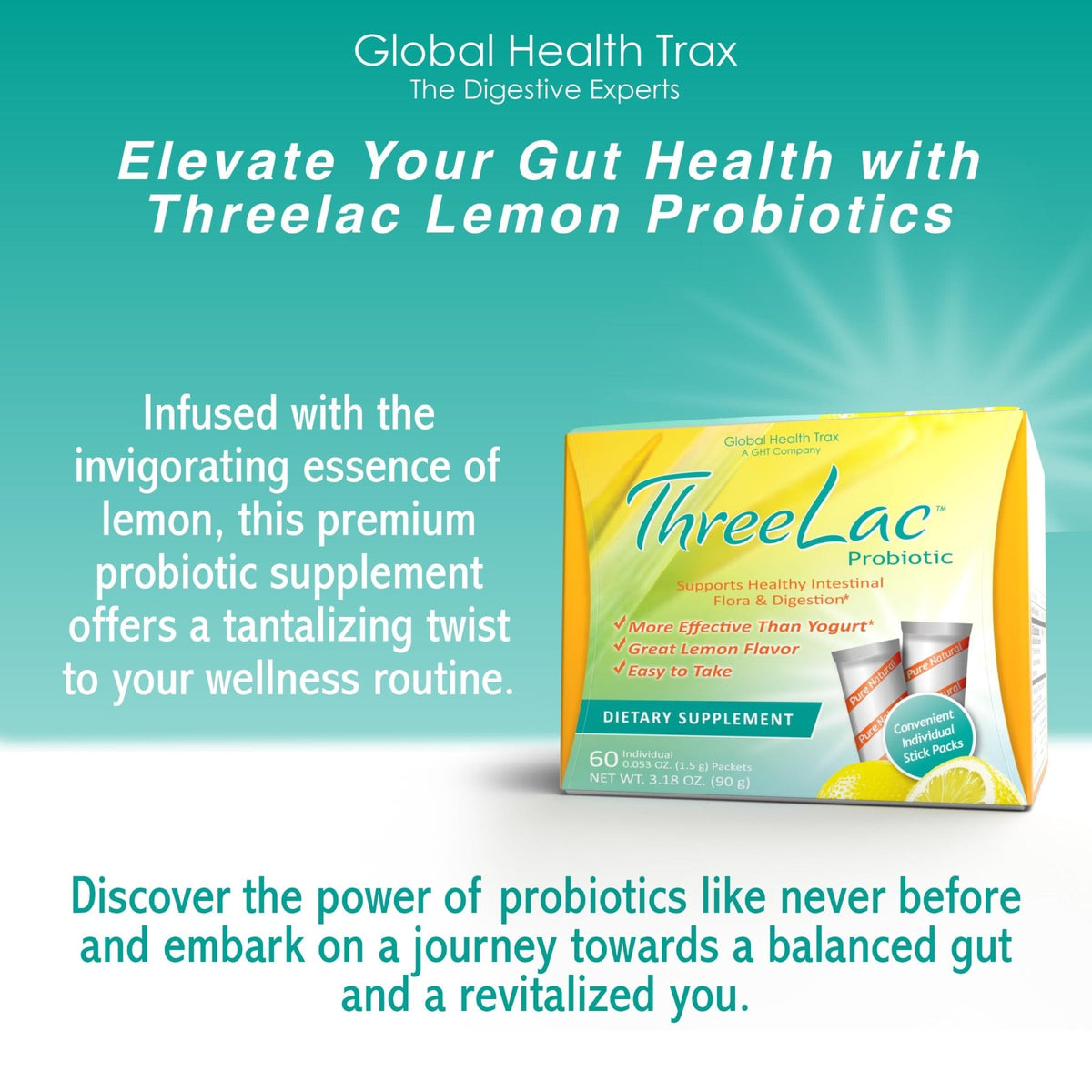 Global Health Trax GHT - ThreeLac Lemon Probiotic Drink Mix for Digestive Health - Advanced Probiotic Powder Formula for Men, Women & Kids - Immune Support & Gut Balance, Non-GMO - 60 Packets - Maple Wellness Supplements