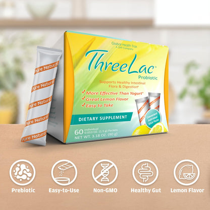 Global Health Trax GHT - ThreeLac Lemon Probiotic Drink Mix for Digestive Health - Advanced Probiotic Powder Formula for Men, Women & Kids - Immune Support & Gut Balance, Non-GMO - 60 Packets - Maple Wellness Supplements