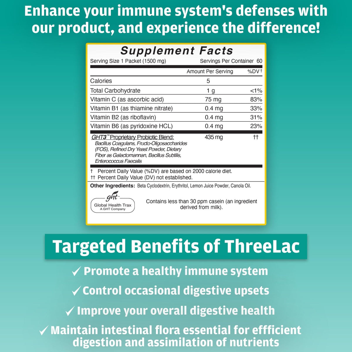 Global Health Trax GHT - ThreeLac Lemon Probiotic Drink Mix for Digestive Health - Advanced Probiotic Powder Formula for Men, Women & Kids - Immune Support & Gut Balance, Non-GMO - 60 Packets - Maple Wellness Supplements