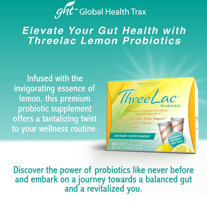 Global Health Trax ThreeLac Lemon Probiotic Drink Mix for Digestive Health - Advanced Probiotic Powder Formula for Men, Women, and Kids - Immune Support & Gut Balance, Non-GMO - 180 Packets - Maple Wellness Supplements