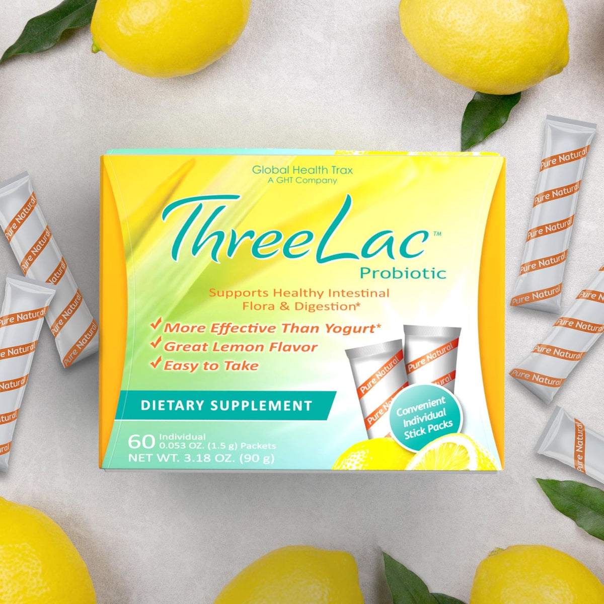 Global Health Trax ThreeLac Lemon Probiotic Drink Mix for Digestive Health - Advanced Probiotic Powder Formula for Men, Women, and Kids - Immune Support & Gut Balance, Non-GMO - 120 Packets - Maple Wellness Supplements