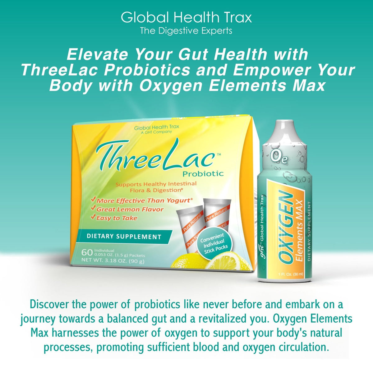 Global Health Trax Ultimate Gut & Oxygen Duo: ThreeLac Lemon Probiotic Powder (60 Packets) & Oxygen Elements Max Drops (1oz) - Digestive Support & Cellular Vitality - Maple Wellness Supplements